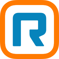 A blue and white r in an orange square.