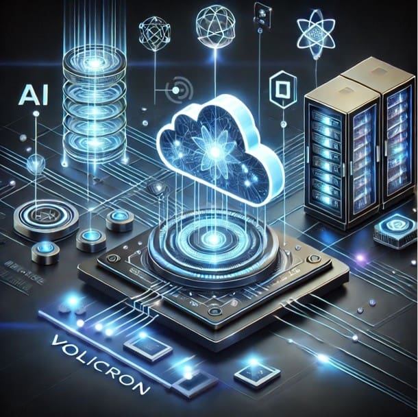 Futuristic AI and cloud computing technology concept with data storage and holograms.